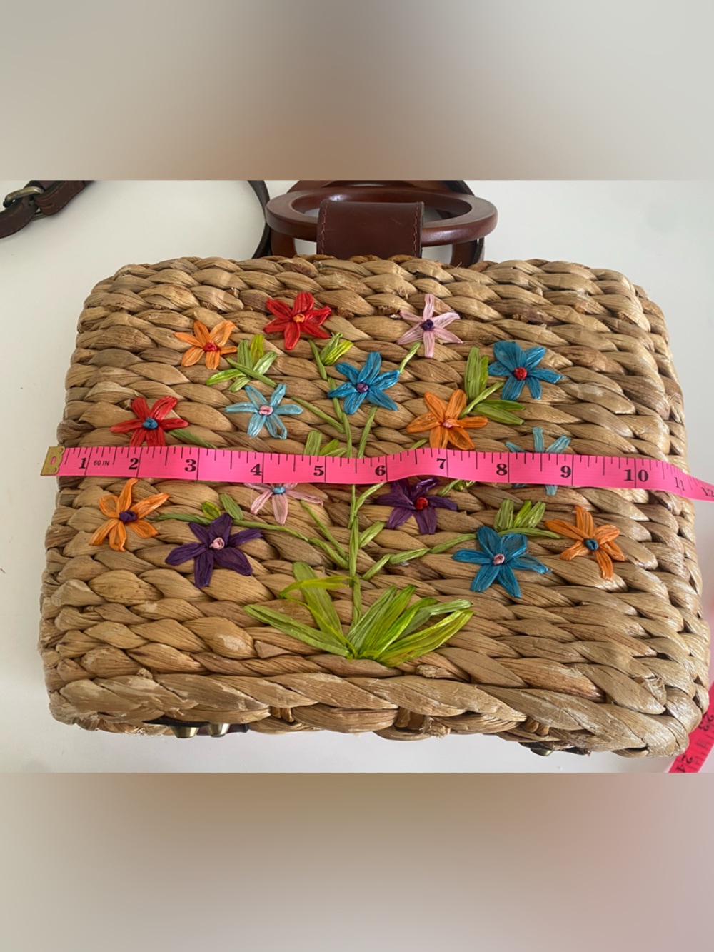 Patricia Nash Woven  Straw Floral Embroidered Crossbody Bag Brown Ring Handles - Picture 14 of 14